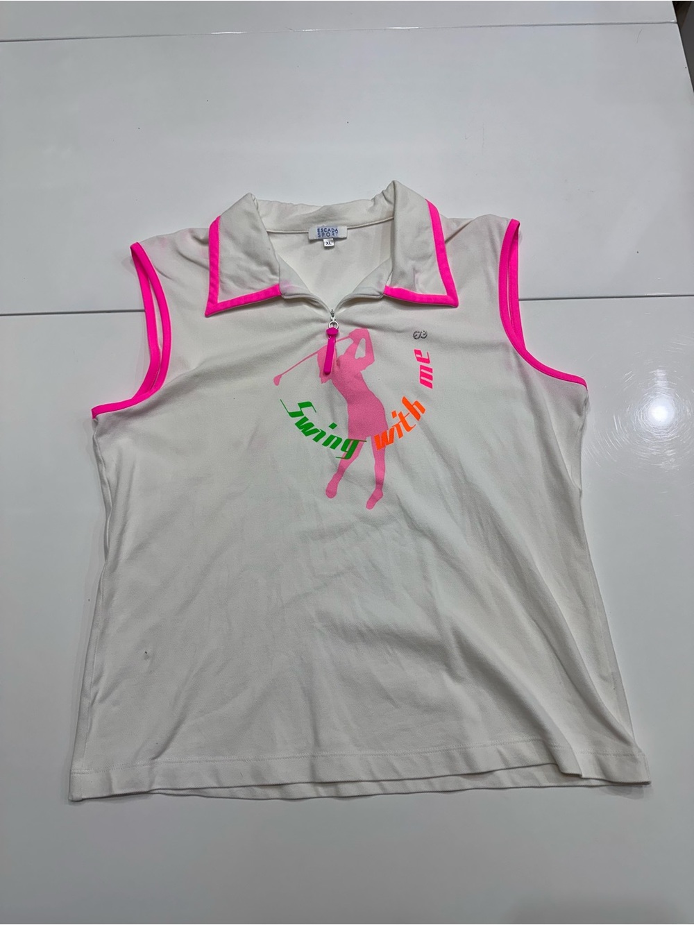 Escada Sport Vintage White Neon Pink Sleeveless Golf Polo XL AS IS Color Bleed